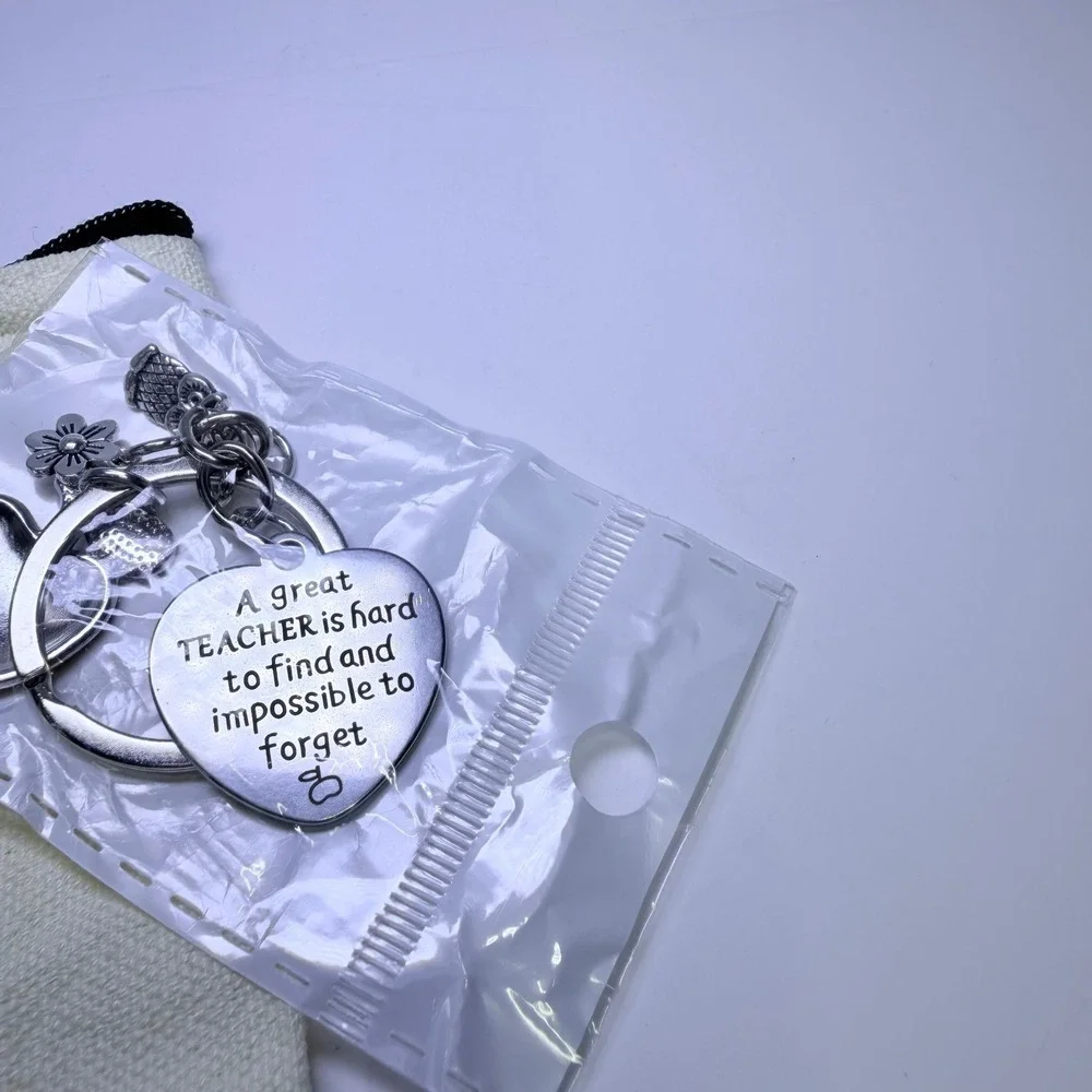 Teacher Gift Survival Kit Canvas Pouch Set with Apple and Heart Keychains Cream